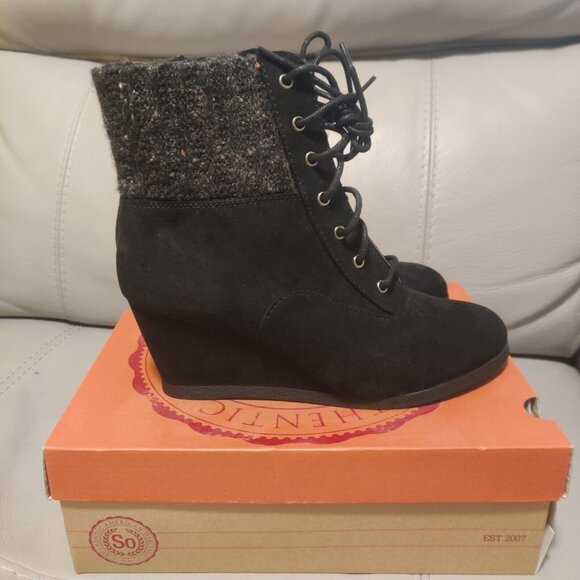 So Women's Backpack Black Wedge Comfort Lace Up Ankle Boots Size 9.5 - Picture 3 of 6